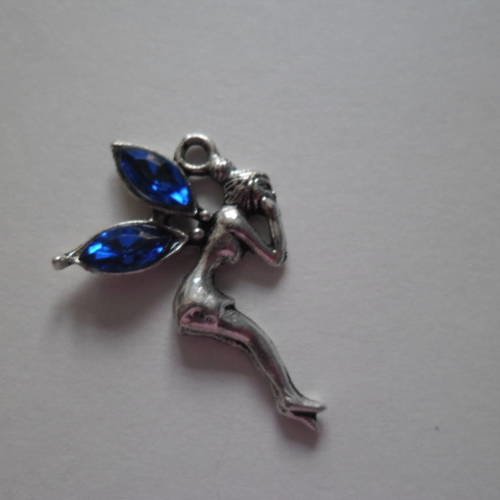 1 pendentif breloque fée ailes strass bleu 32 x 20 mm