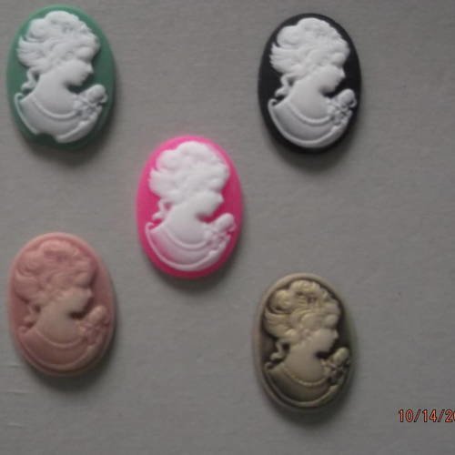 Lot de 5 camées motif femme résine pour embellissement 24 x 18 mm 