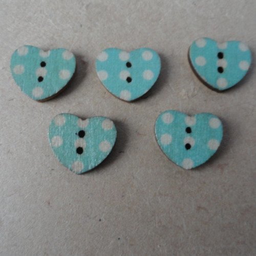 Boutons coeurs bois turquoise pois blanc