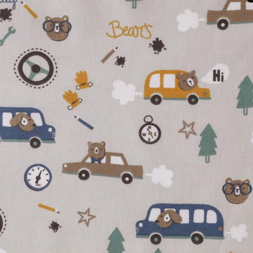 Coton imprimé ours et véhicules coloris grege