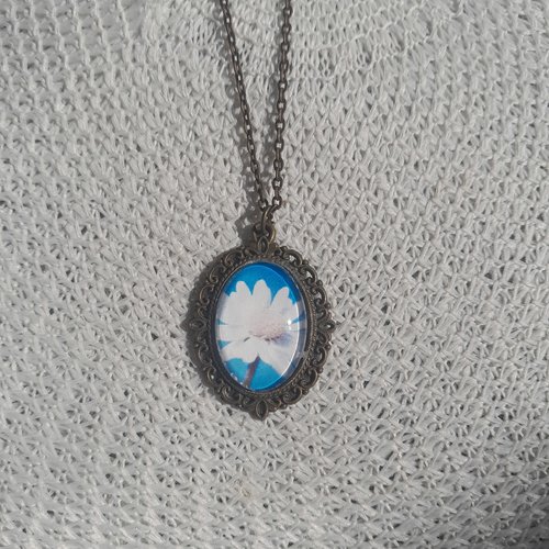 Collier sautoir bronze pendentif cabochon fleur