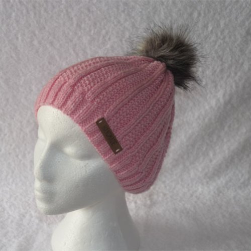 Bonnet laine rose fantaisie pour femme avec pompon amovible