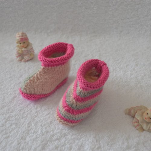 Chaussons laine roses/gris fantaisies pour petite fille 0/3 mois