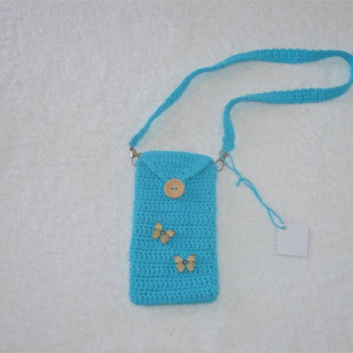 Pochette turquoise fantaisie neuve en coton pour téléphone ou autres objets