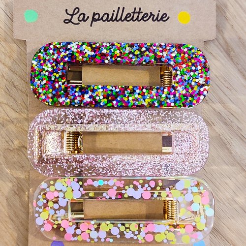 Trio de barrettes pailletées en résine - fait main
