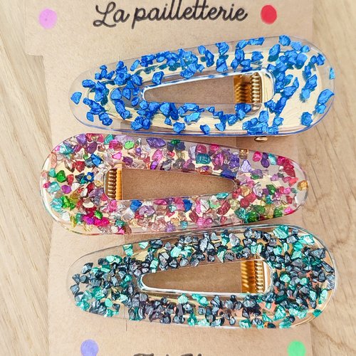 Trio de barrettes pailletées en résine - fait main