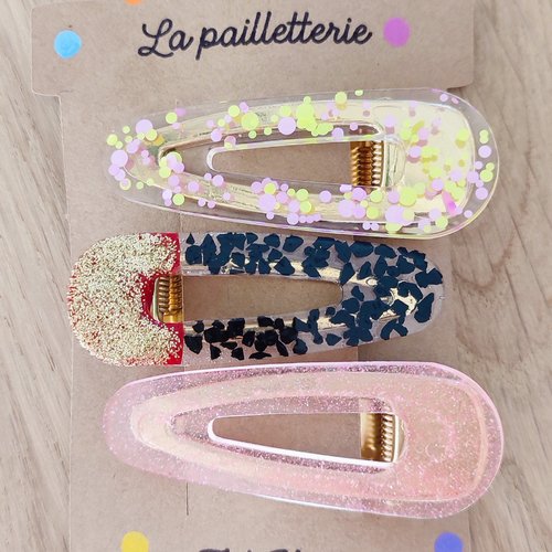 Trio de barrettes pailletées en résine - fait main