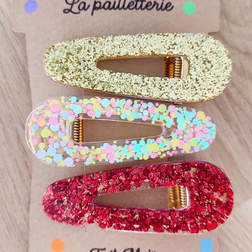 Trio de barrettes pailletées en résine - fait main