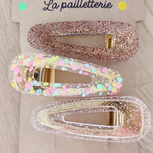 Trio de barrettes pailletées en résine - fait main