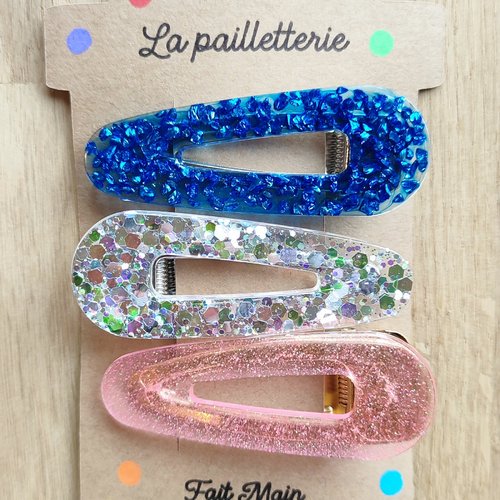 Trio de barrettes pailletées en résine - fait main