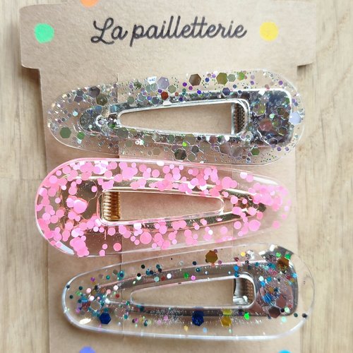 Trio de barrettes pailletées en résine - fait main