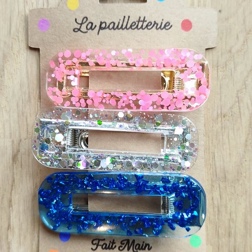 Trio de barrettes pailletées en résine - fait main