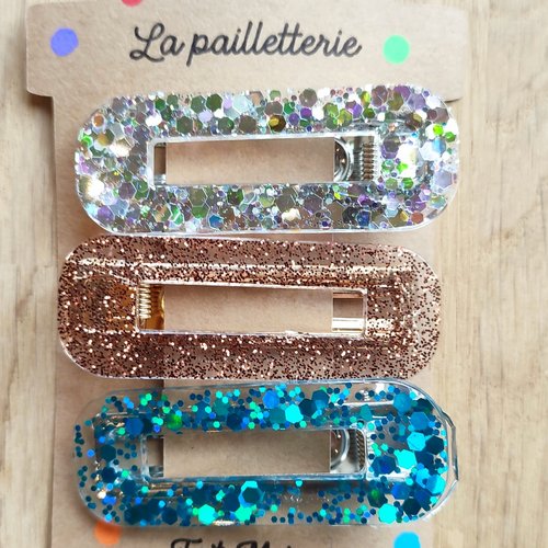 Trio de barrettes pailletées en résine - fait main