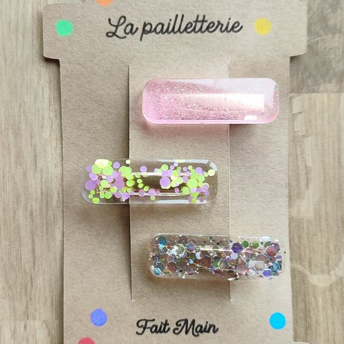 Trio de barrettes pailletées en résine - fait main