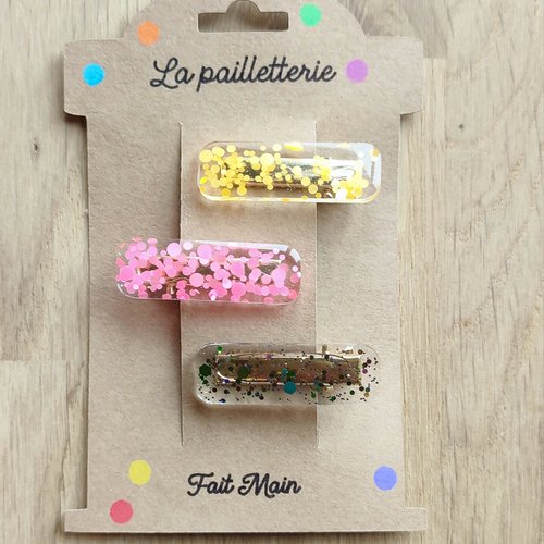 Trio de barrettes pailletées en résine - fait main