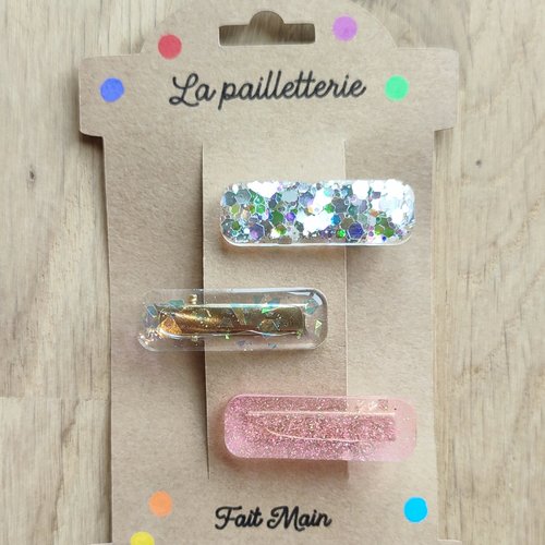 Trio de barrettes pailletées en résine - fait main