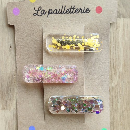 Trio de barrettes pailletées en résine - fait main