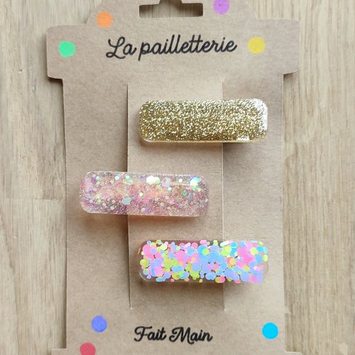 Trio de barrettes pailletées en résine - fait main