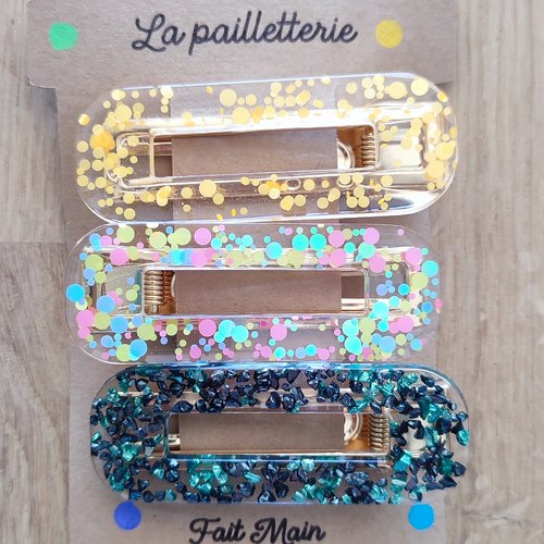 Trio de barrettes pailletées en résine - fait main