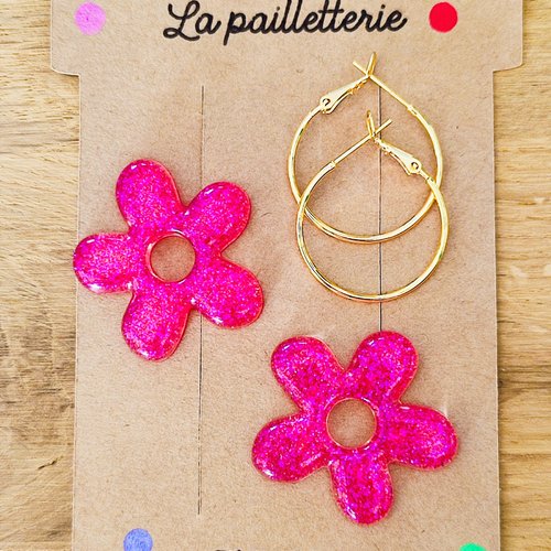Boucles d'oreilles pampilles fleurs paillettées  en résine - fait main