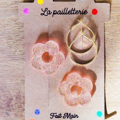 Boucles d'oreilles pampilles fleurs paillettées  en résine - fait main