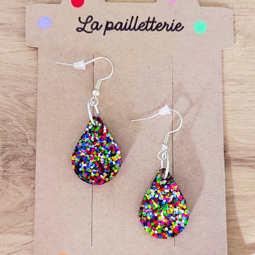 Boucles d'oreilles pampilles gouttes paillettées  en résine - fait main