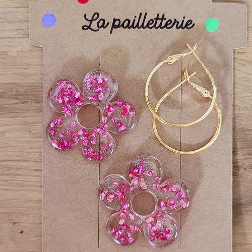 Boucles d'oreilles pampilles fleurs paillettées  en résine - fait main