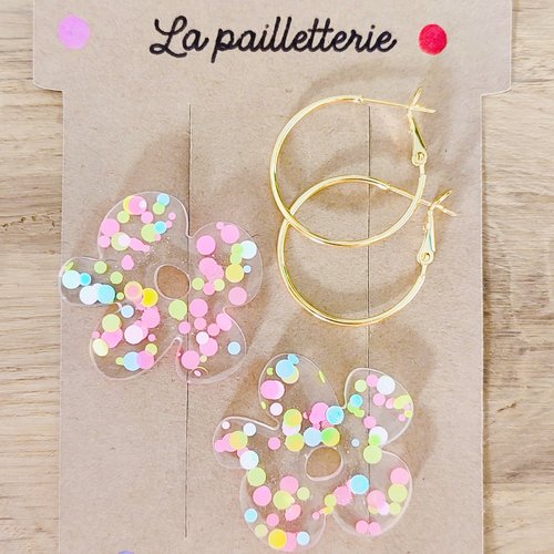 Boucles d'oreilles pampilles fleurs paillettées  en résine - fait main