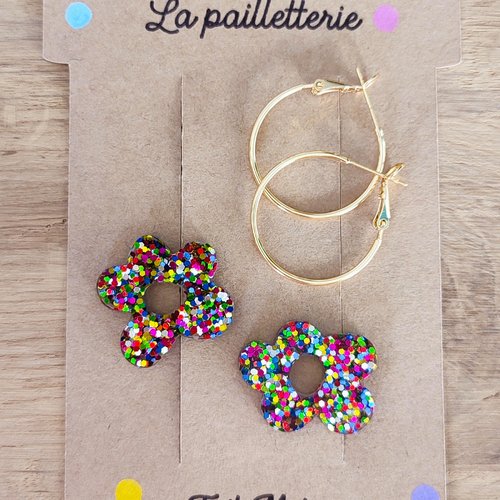 Boucles d'oreilles pampilles fleurs paillettées  en résine - fait main