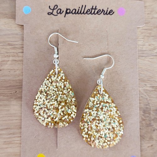 Boucles d'oreilles pampilles gouttes paillettées  en résine - fait main