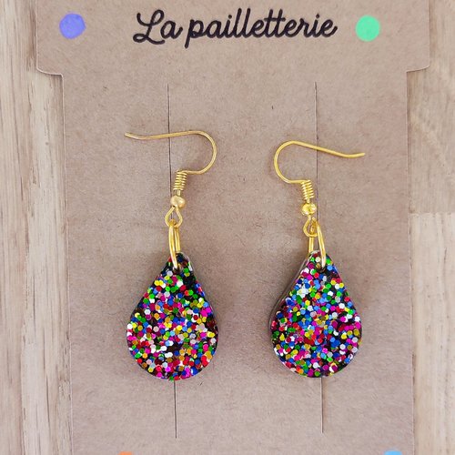 Boucles d'oreilles pampilles gouttes pailletées en résine - fait main