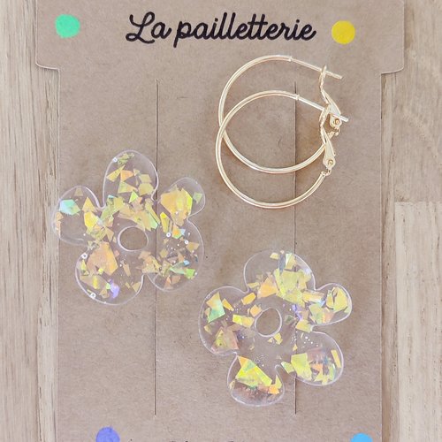 Boucles d'oreilles pampilles fleurs pailletées en résine - fait main