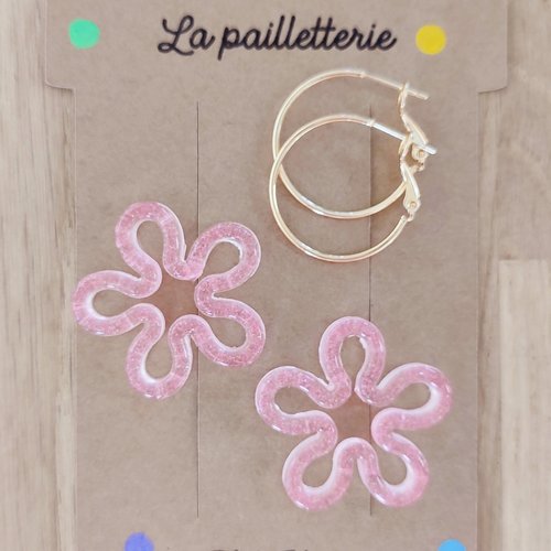 Boucles d'oreilles pampilles fleurs pailletées en résine - fait main