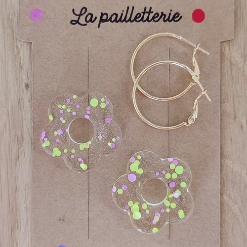 Boucles d'oreilles pampilles fleurs  en résine - fait main