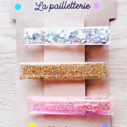 Trio de barrettes pailletées en résine - fait main