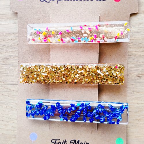 Trio de barrettes pailletées en résine - fait main