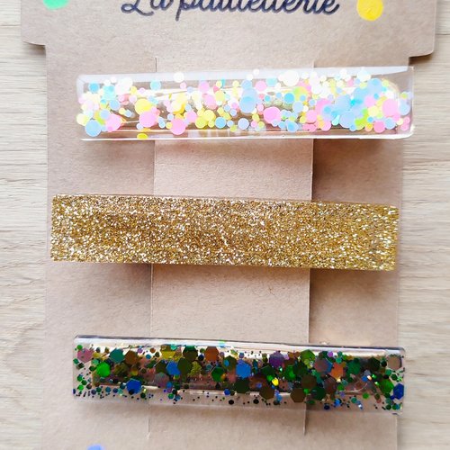 Trio de barrettes pailletées en résine - fait main