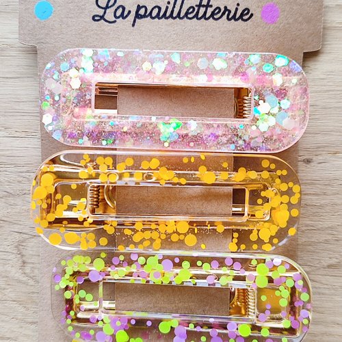 Trio de barrettes pailletées en résine - fait main