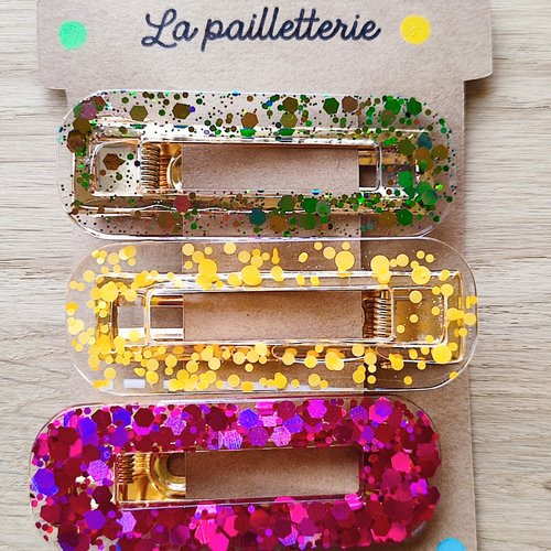 Trio de barrettes pailletées en résine - fait main