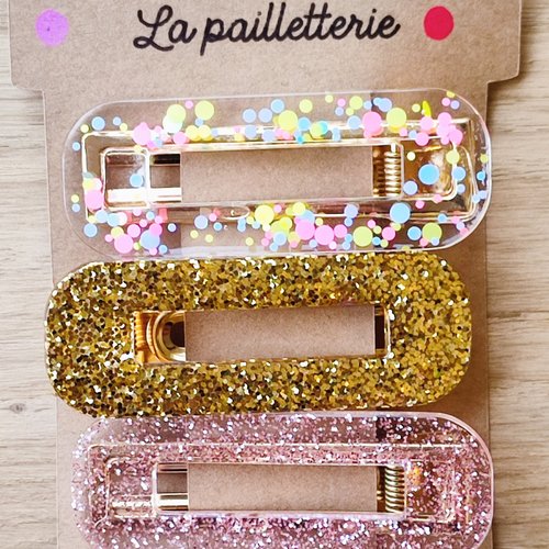 Trio de barrettes pailletées en résine - fait main