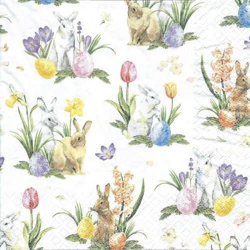 1 serviette en papier - lapins - fleurs - paques - ref 01