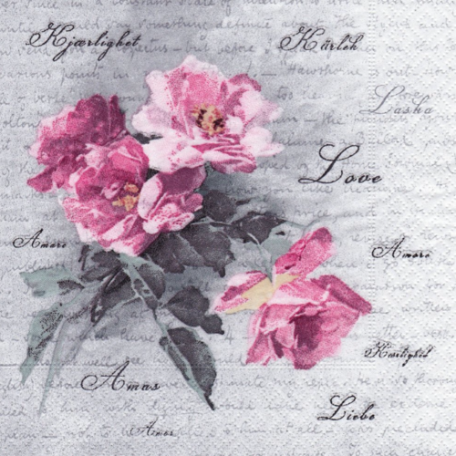 1 serviette en papier shabby - fleurs roses - ref 196