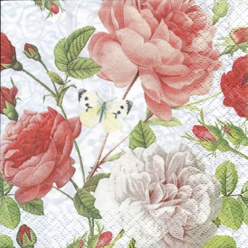 1 serviette en papier fleurs - roses - pivoines - ref 205