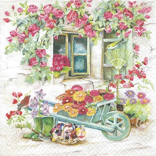 1 serviette en papier jardin - fleurs - brouette - ref 263