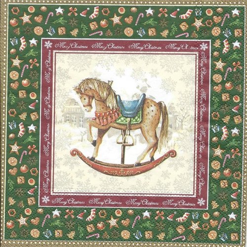 1 serviette en papier noel - cheval a bascule - ref 820