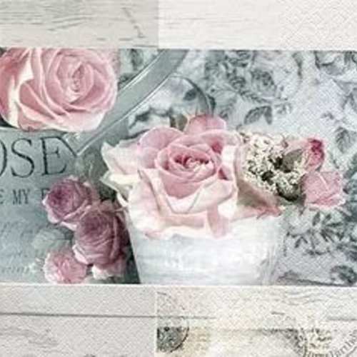 1 serviette en papier shabby - fleurs - roses  - ref 902