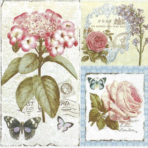 1 serviette en papier roses et horthensias - ref 1813