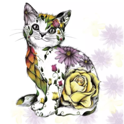 1 serviette en papier chat - fleurs  - ref 1909