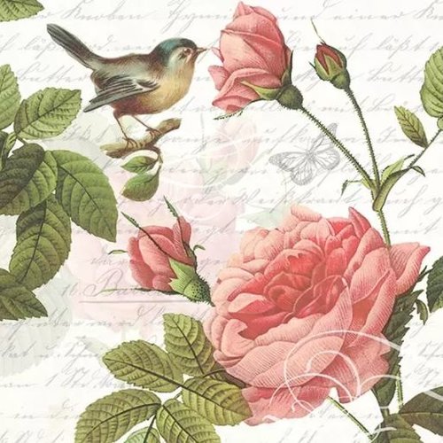1 serviette en papier fleurs - roses - oiseaux - ref 2016