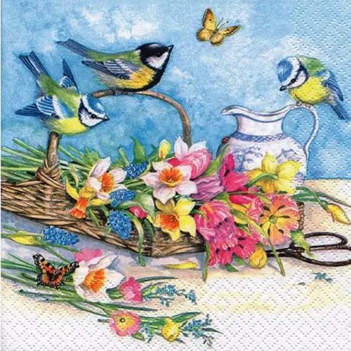 1 serviette en papier bouquet de fleurs - oiseaux - ref 2017